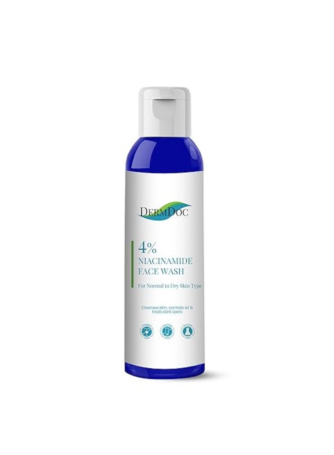 DermDoc 4% Niacinamide Face Wash For Dry Skin, 120 ml | Imparts Radiance, Cleanses skin, Controls Oil, Helps Reduce Dark Spots | No Parabens, Silicones, Color, Sulphates - Image 1